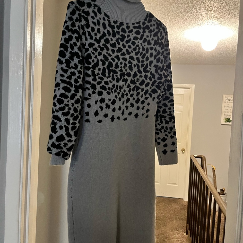 Black and Gray Turtleneck Cuffed Sleeve Sweater Dress